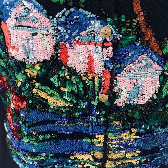 Vintage Y2k Michael Simon Sequined Cardigan Beach Island Hut Sweater Black M - Picture 4 of 9